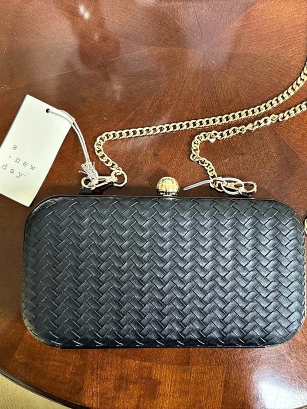 A New Day black woven leather clutch/crossbody bag with gold chain NWT